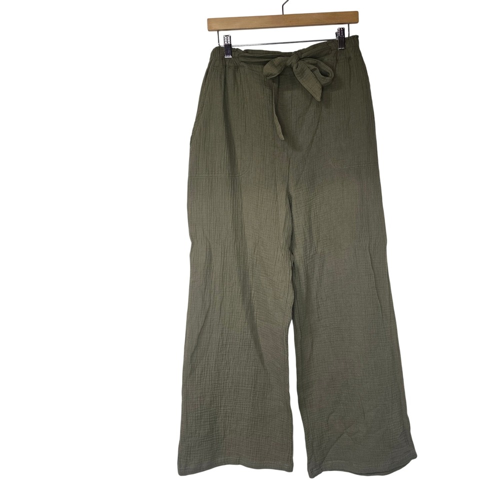 P Cill Gauze Wide Leg Pants Women Medium Olive Green Cotton Tie Waist NWT